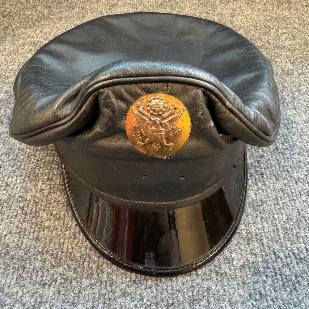 Vintage Black Leather Biker Cap Military Style Hat Eagle Emblem Size 7 1/4